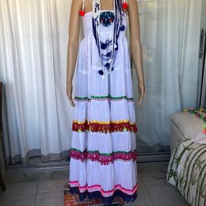 Antica Sartoria White Maxi Dress with Fringe Trim